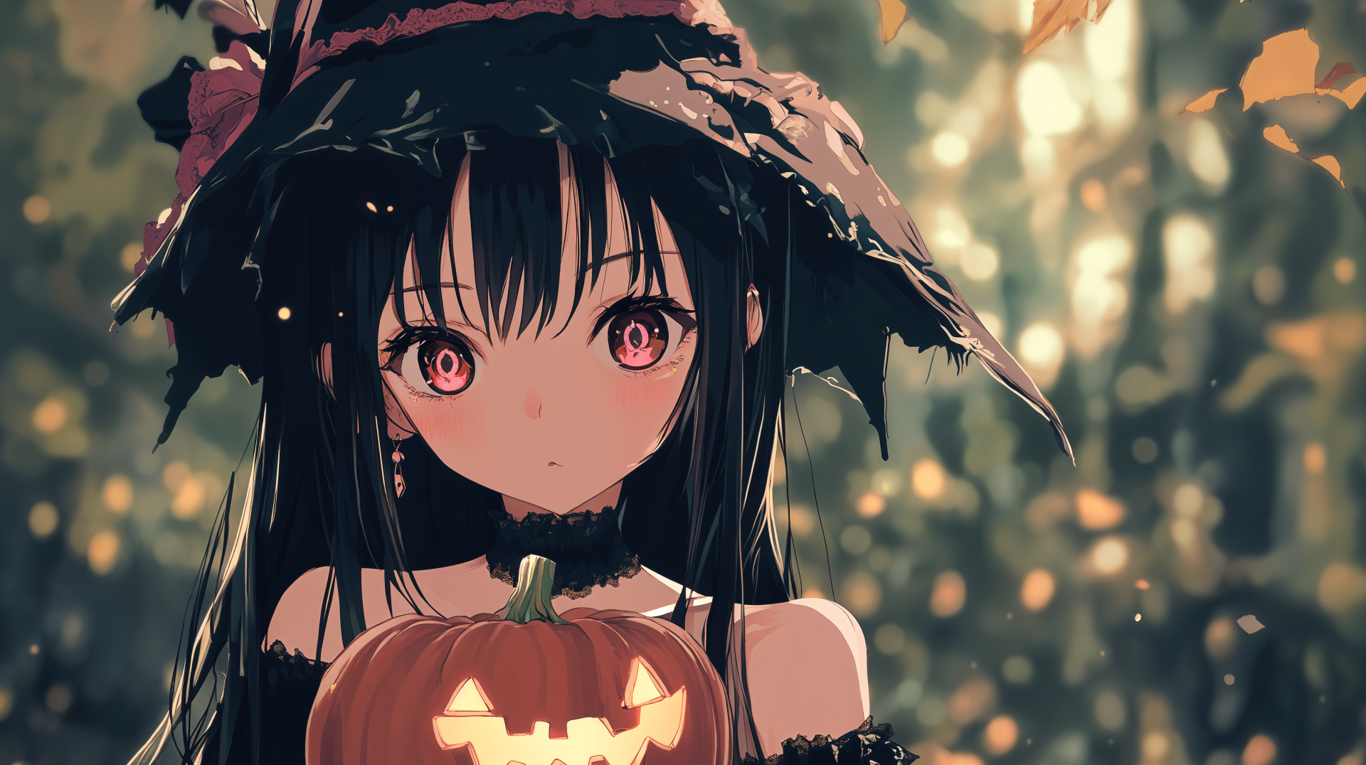 Anime Halloween scene featuring a girl in a witch hat holding a carved pumpkin, surrounded by autumn leaves. High-quality 4K Ultra HD desktop wallpaper and background.