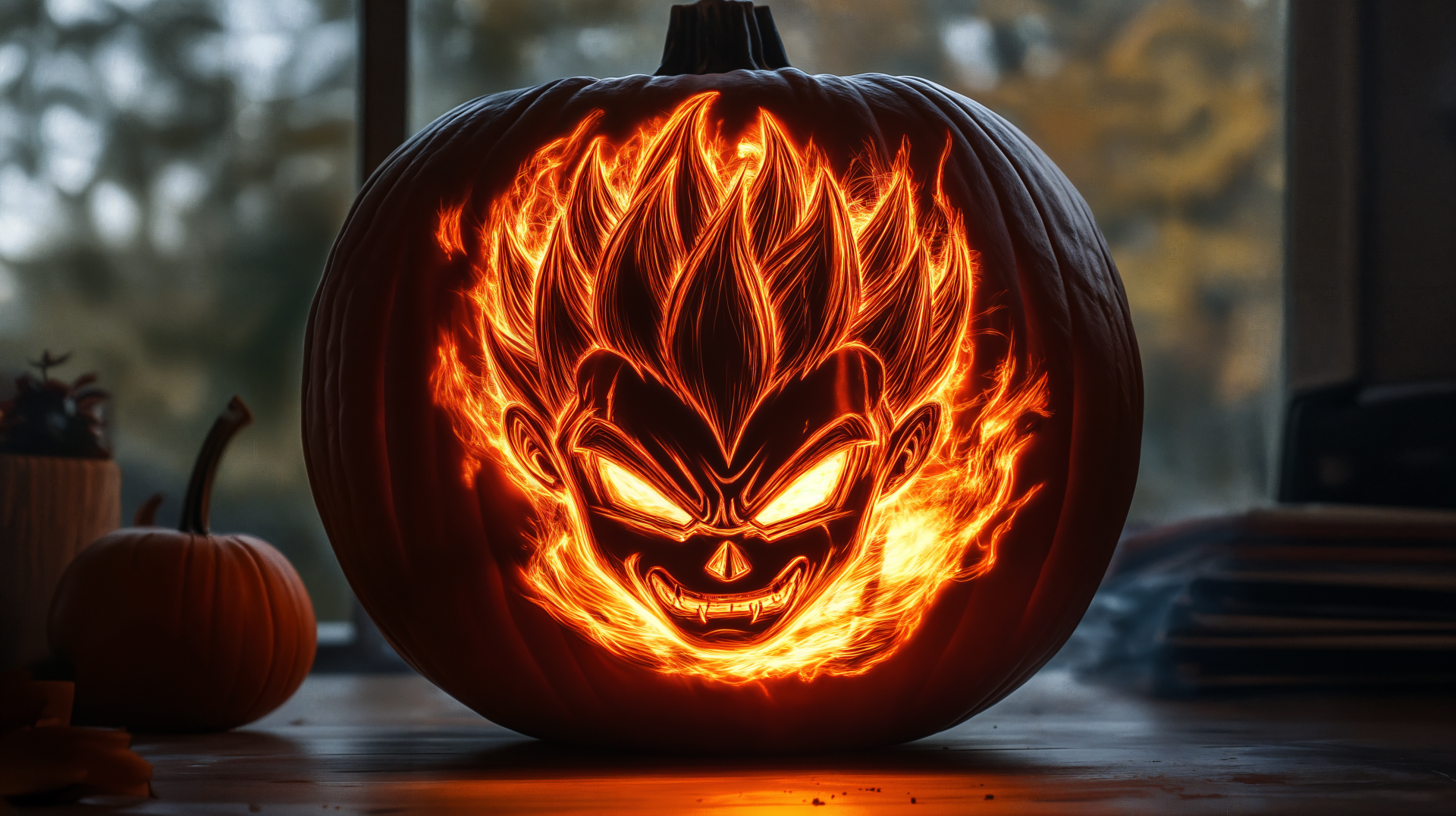 A dramatic jack-o'-lantern with a fiery face design, illuminated from within, serves as a striking 4K Ultra HD Halloween-themed desktop wallpaper and background.