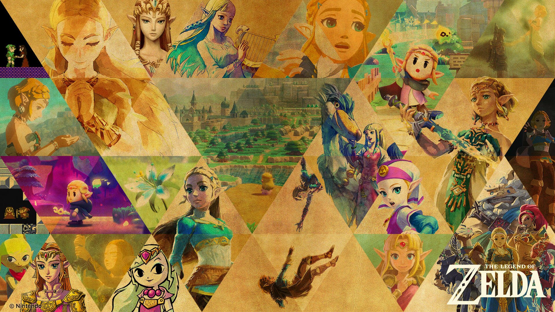 HD PC desktop wallpaper featuring a vibrant collage of characters and scenes from The Legend of Zelda series with a geometric, triangular design overlay.