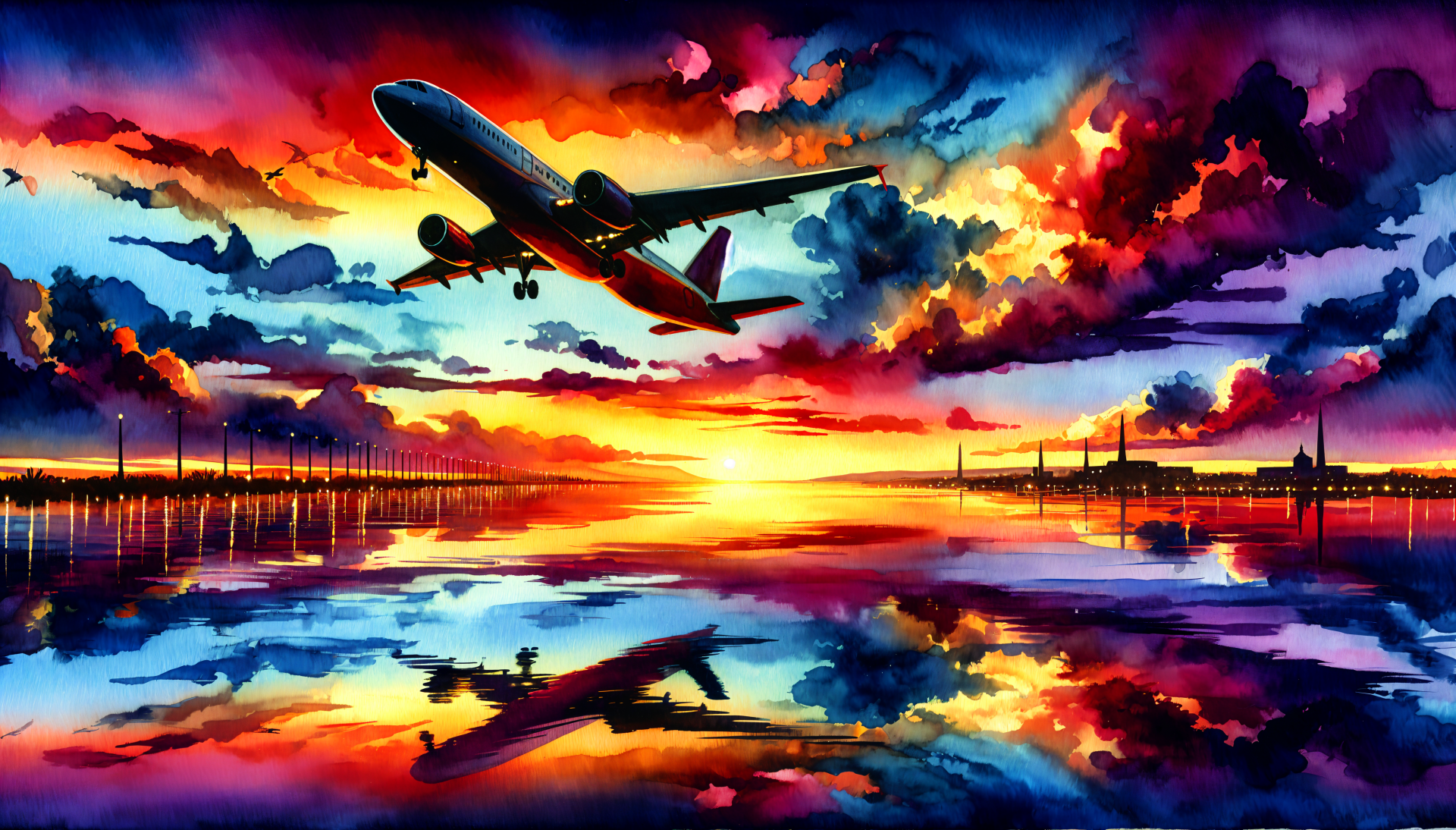 A vibrant 4K Ultra HD wallpaper featuring an airplane ascending against a dramatic sunset, reflected in calm waters, creating a stunning visual experience.
