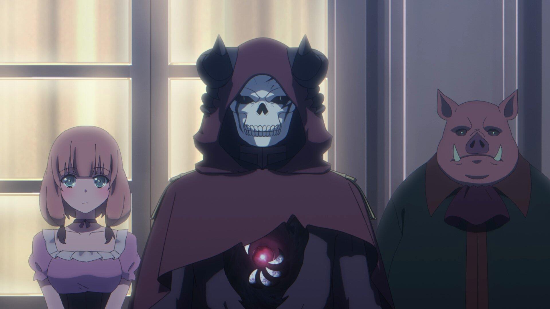 HD desktop wallpaper featuring characters from The Strongest Magician in the Demon Lord's Army was a Human, showcasing a mysterious figure in a cloak alongside two companions.