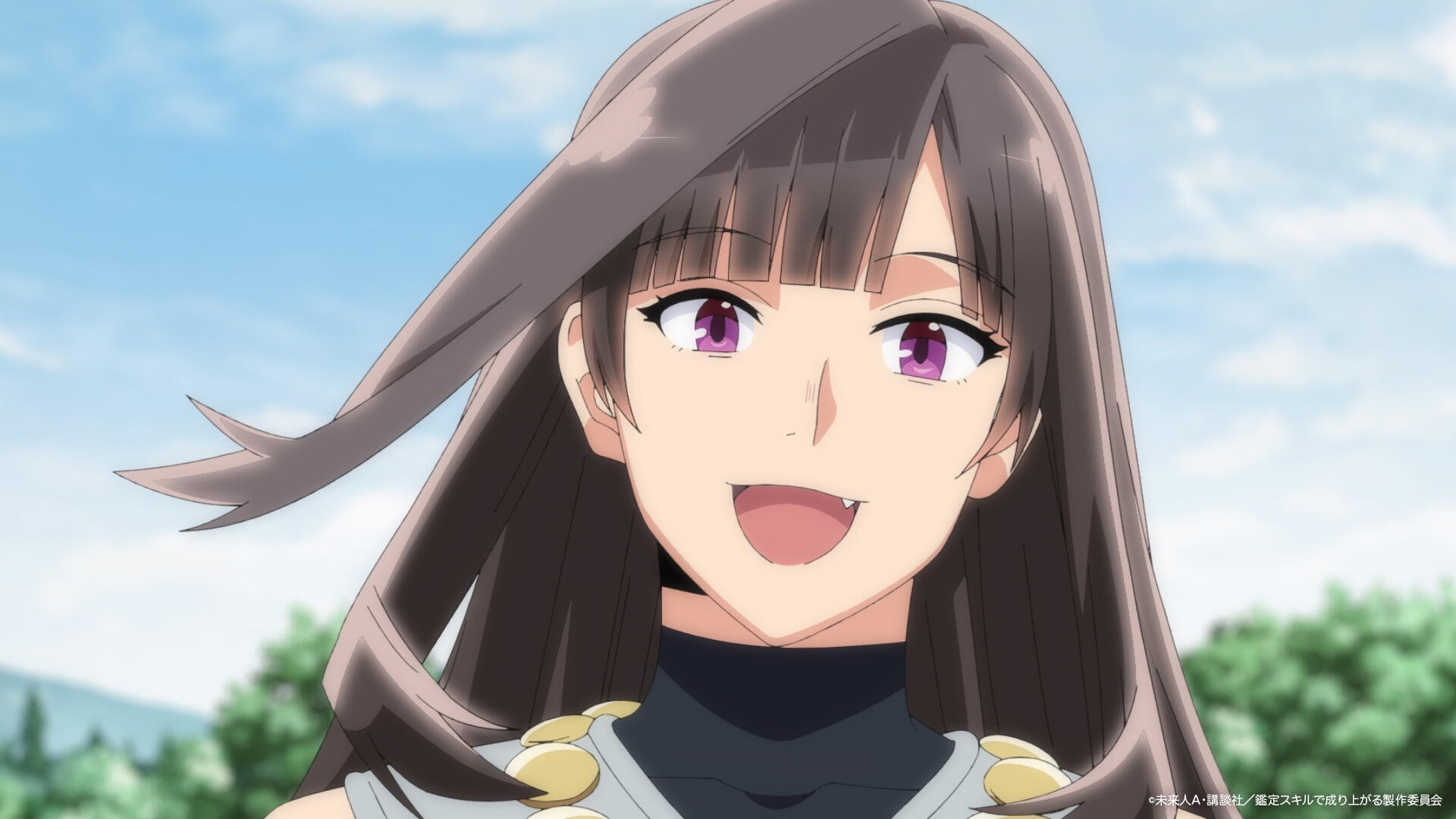 A cheerful character from the anime As a Reincarnated Aristocrat I’ll Use My Appraisal Skill to Rise in the World, set against a bright outdoor background, showcasing vibrant colors.