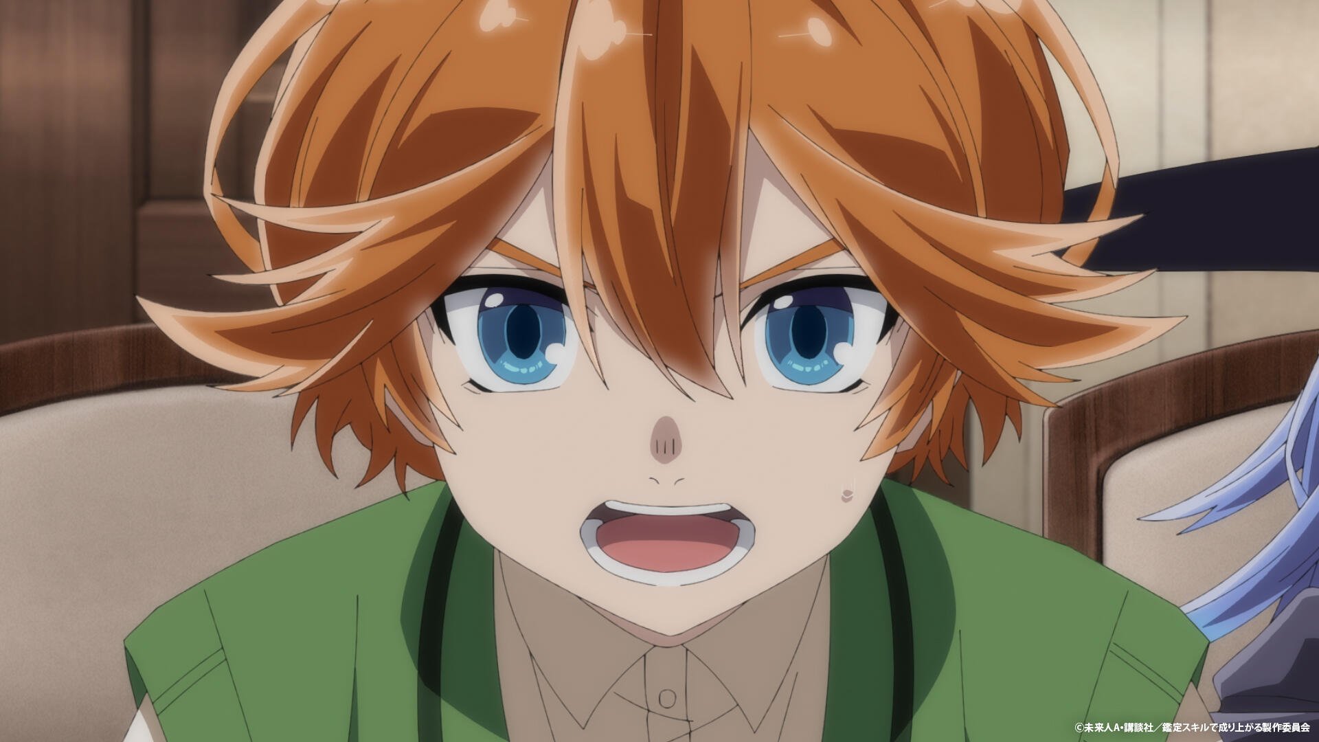 An intense character from the anime As a Reincarnated Aristocrat I’ll Use My Appraisal Skill to Rise in the World, featuring vibrant orange hair and determined blue eyes, captures a moment of focus.