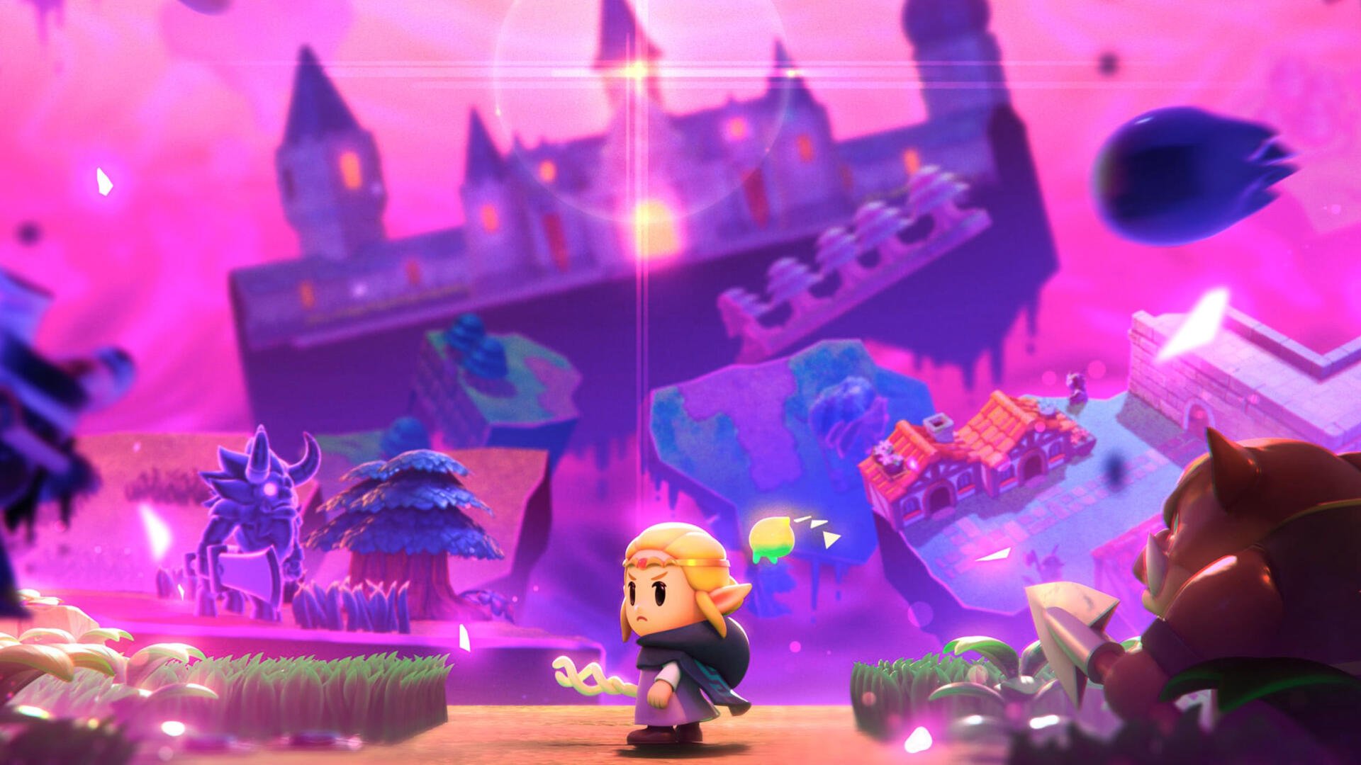 HD PC desktop wallpaper for The Legend of Zelda: Echoes of Wisdom — chibi Link traverses a vibrant pink-purple fantasy landscape with a distant castle and floating islands.