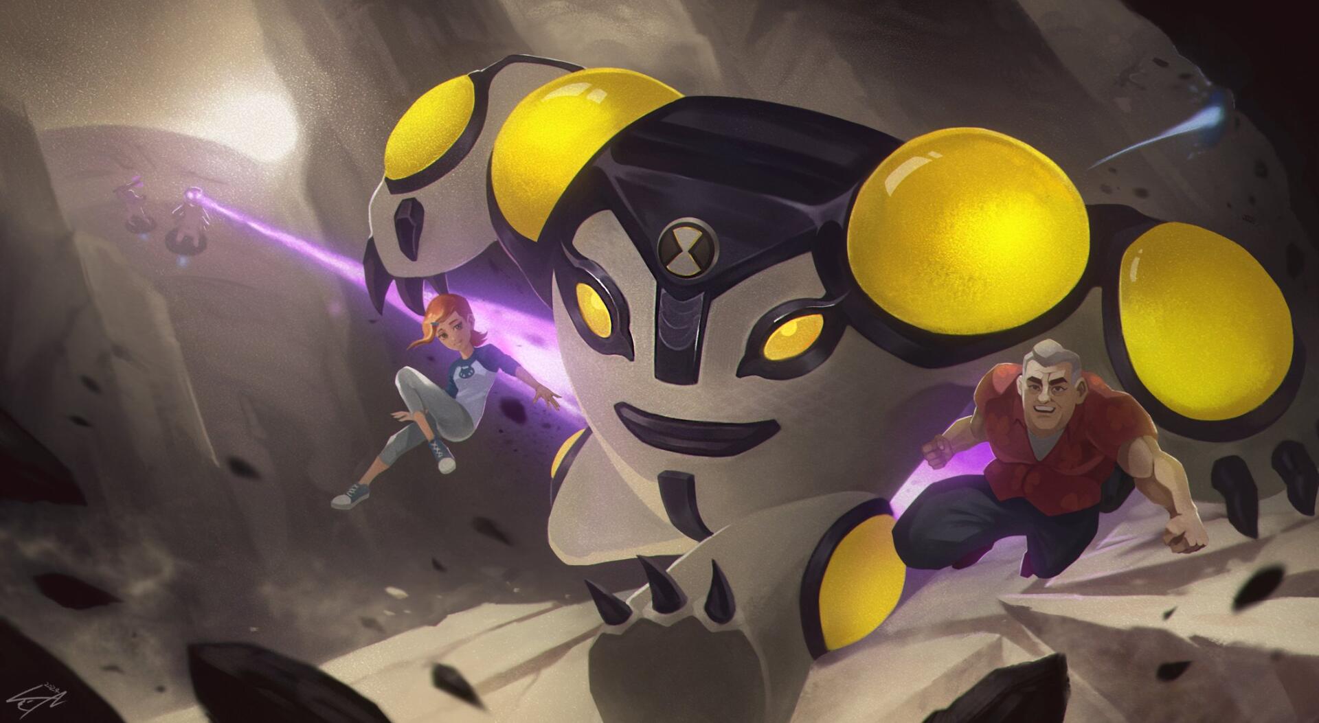 HD PC desktop wallpaper of Ben 10: a large yellow-and-black alien rushes forward as Ben and allies from Ben 10: Alien Force, Ultimate Alien, Omniverse, Ben 10 (2016) leap.