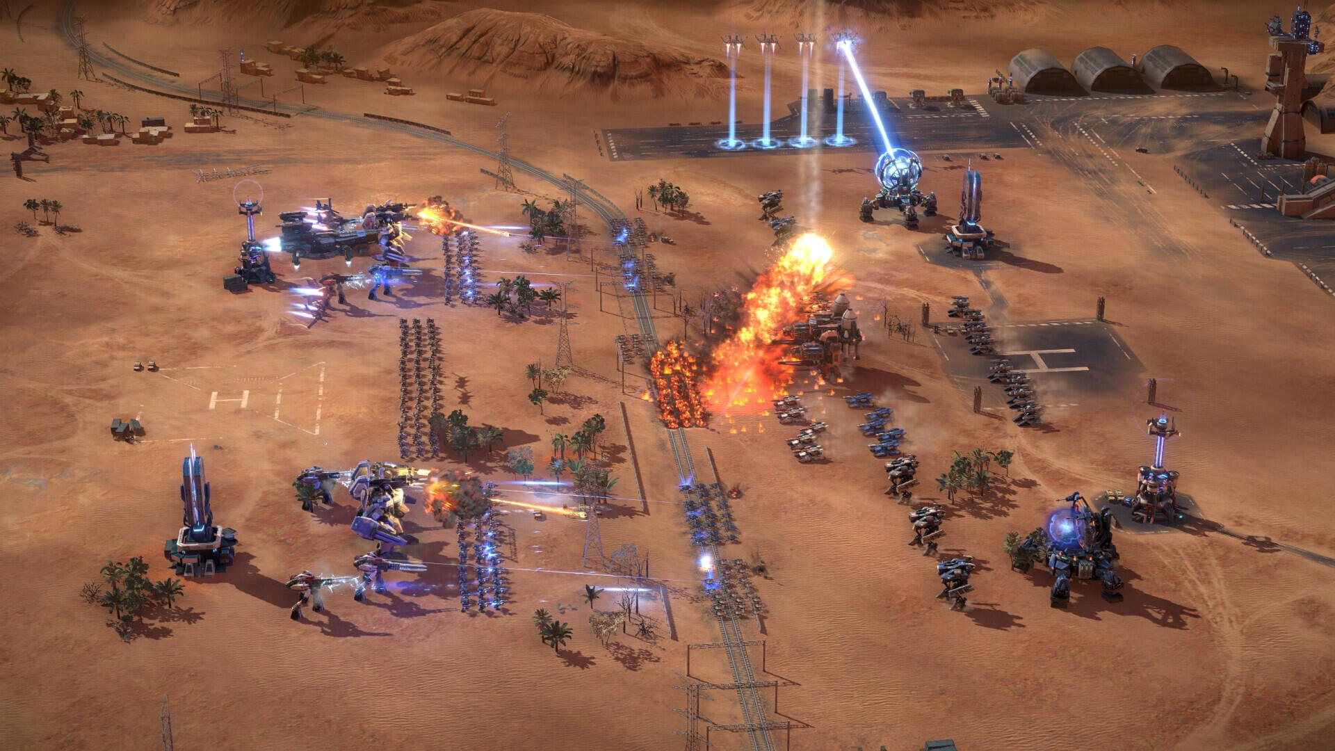 An HD PC desktop wallpaper featuring intense action from the video game Mechabellum, showcasing futuristic mech battles in a desert landscape.