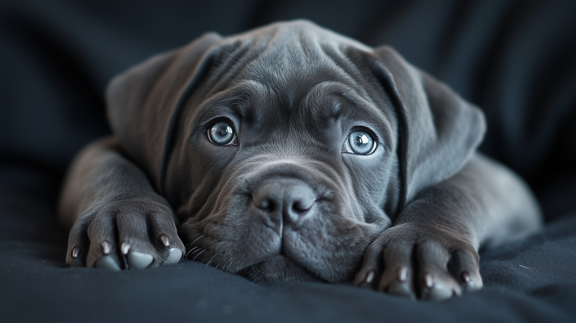HD desktop wallpaper featuring a close-up of an adorable black Cane Corso puppy with expressive eyes resting on a dark surface.