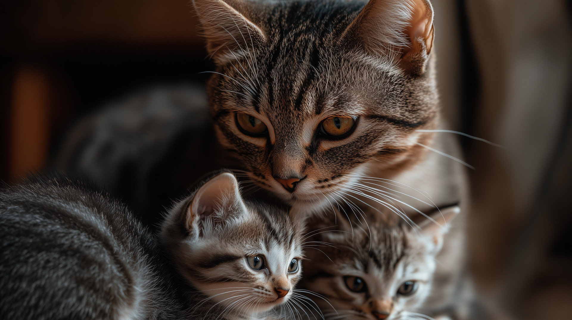 HD desktop wallpaper featuring a close-up of a tabby cat with two kittens, showcasing their detailed fur and expressive eyes in soft lighting.