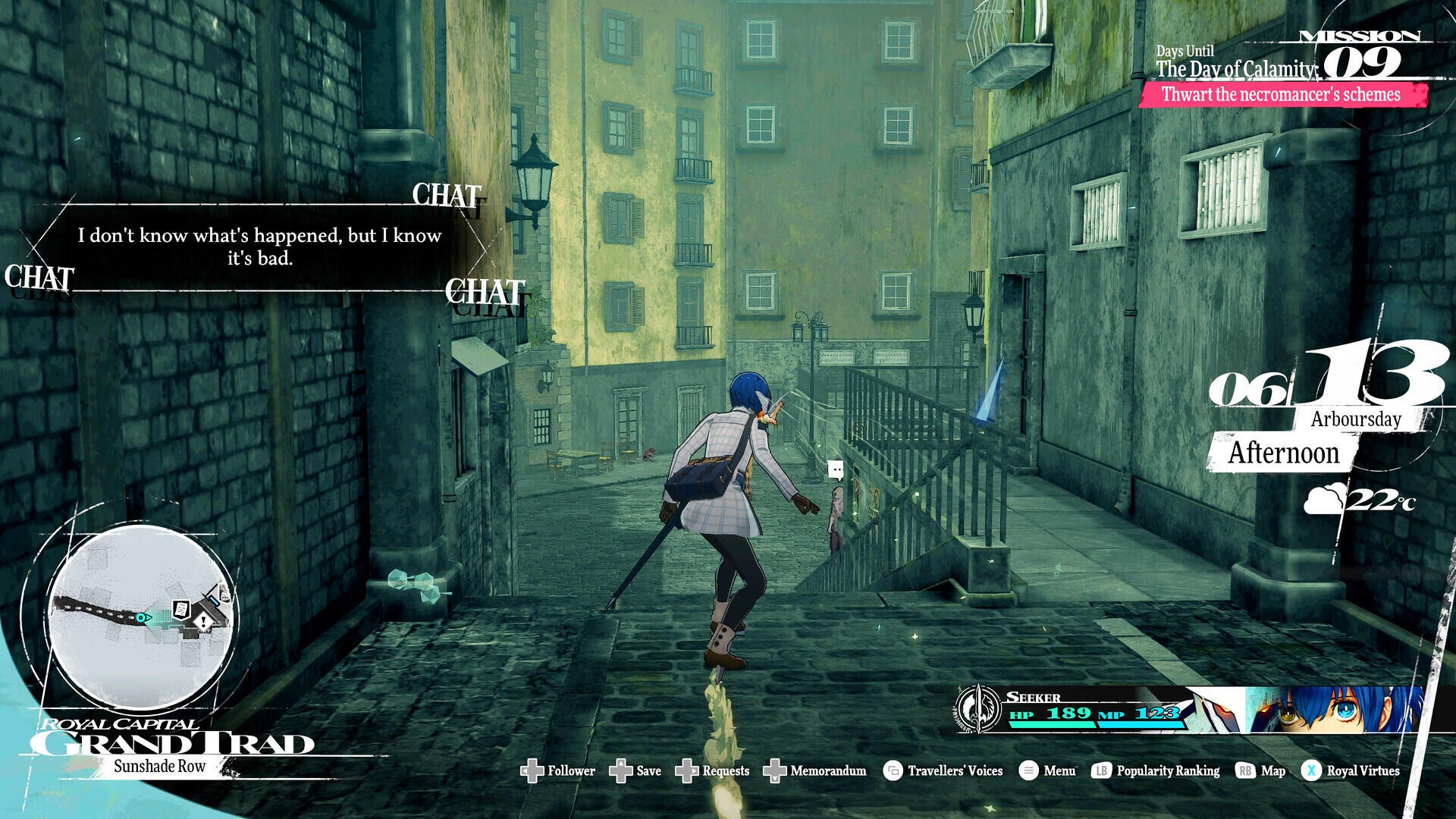 A character navigates a narrow, urban alley in the video game Metaphor: ReFantazio, with chat dialogue displayed on screen. This HD wallpaper captures the game's immersive atmosphere.
