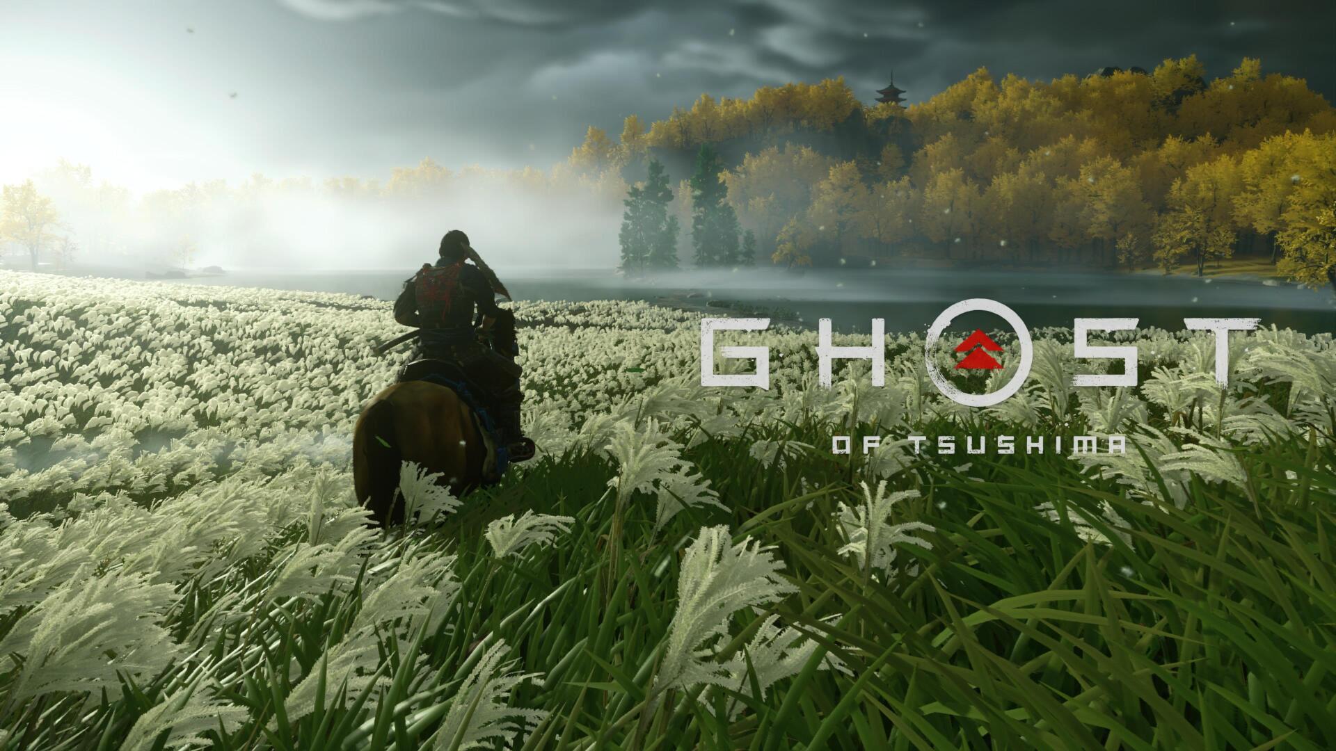 4K Ultra HD Ghost of Tsushima PC wallpaper featuring a lone warrior on horseback riding through a wind-swept field with autumn trees under a cloudy sky.