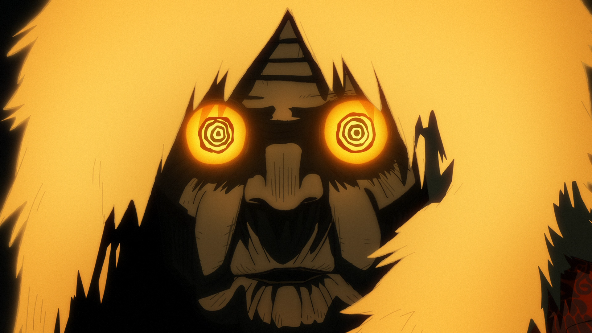HD PC desktop wallpaper featuring Turbo Granny from the anime Dandadan, with glowing spiral eyes set against a fiery orange background.