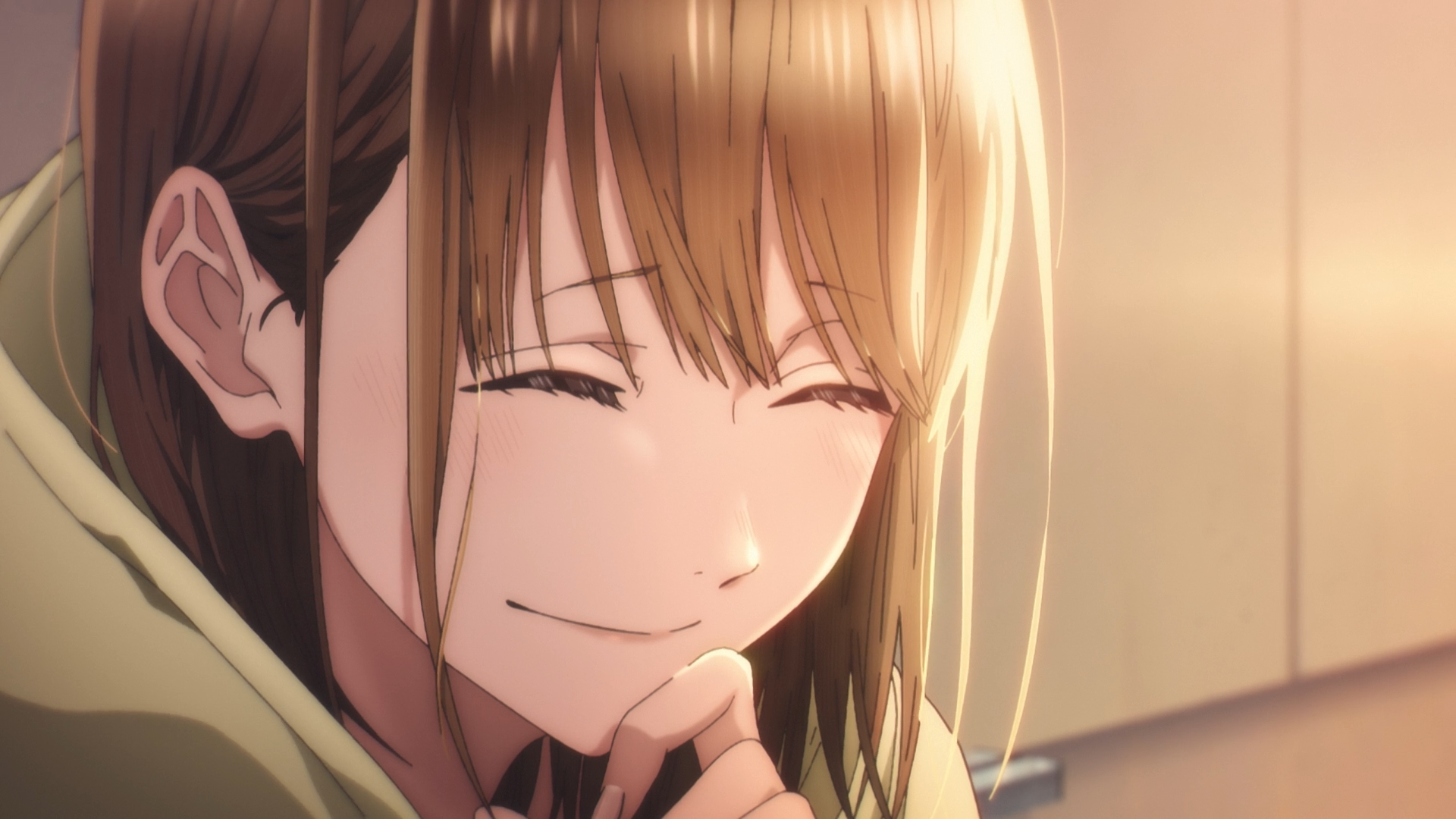 HD anime wallpaper featuring Chinatsu Kano from Blue Box, smiling softly with warm lighting highlighting her face in a tender moment.