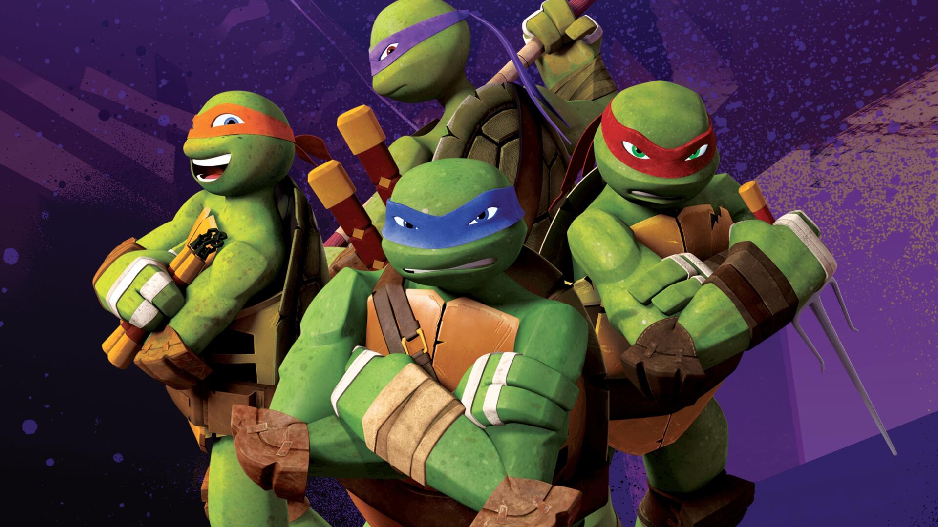 HD PC desktop wallpaper featuring the four Teenage Mutant Ninja Turtles in dynamic poses against a purple textured background.