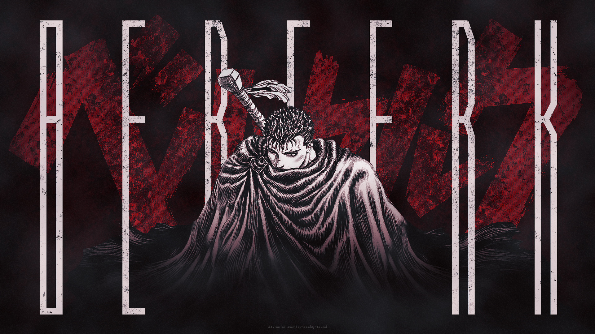 A striking HD wallpaper featuring Guts from *Berserk*, showcasing his intense presence against a dark background with bold, stylized text.