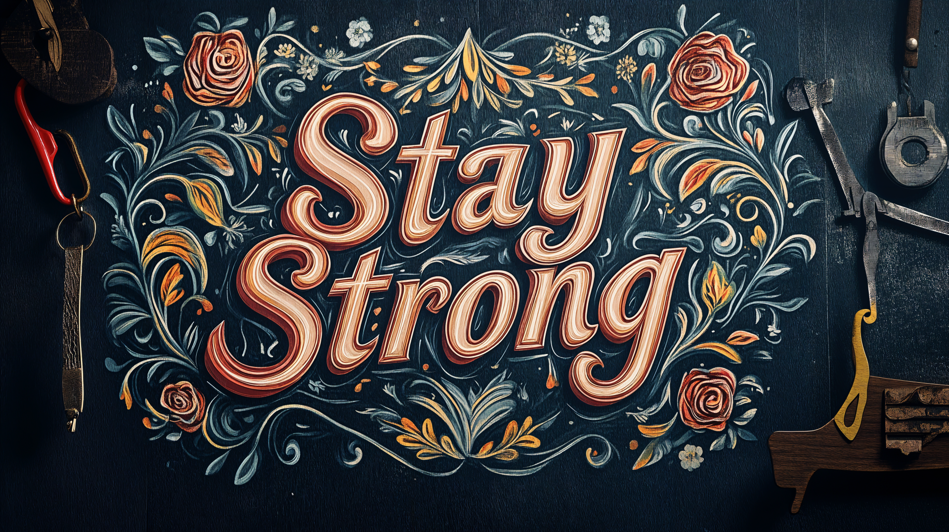 A vibrant 4K Ultra HD desktop wallpaper featuring the motivational phrase Stay Strong, surrounded by intricate floral designs and warm colors, inspiring resilience and positivity.