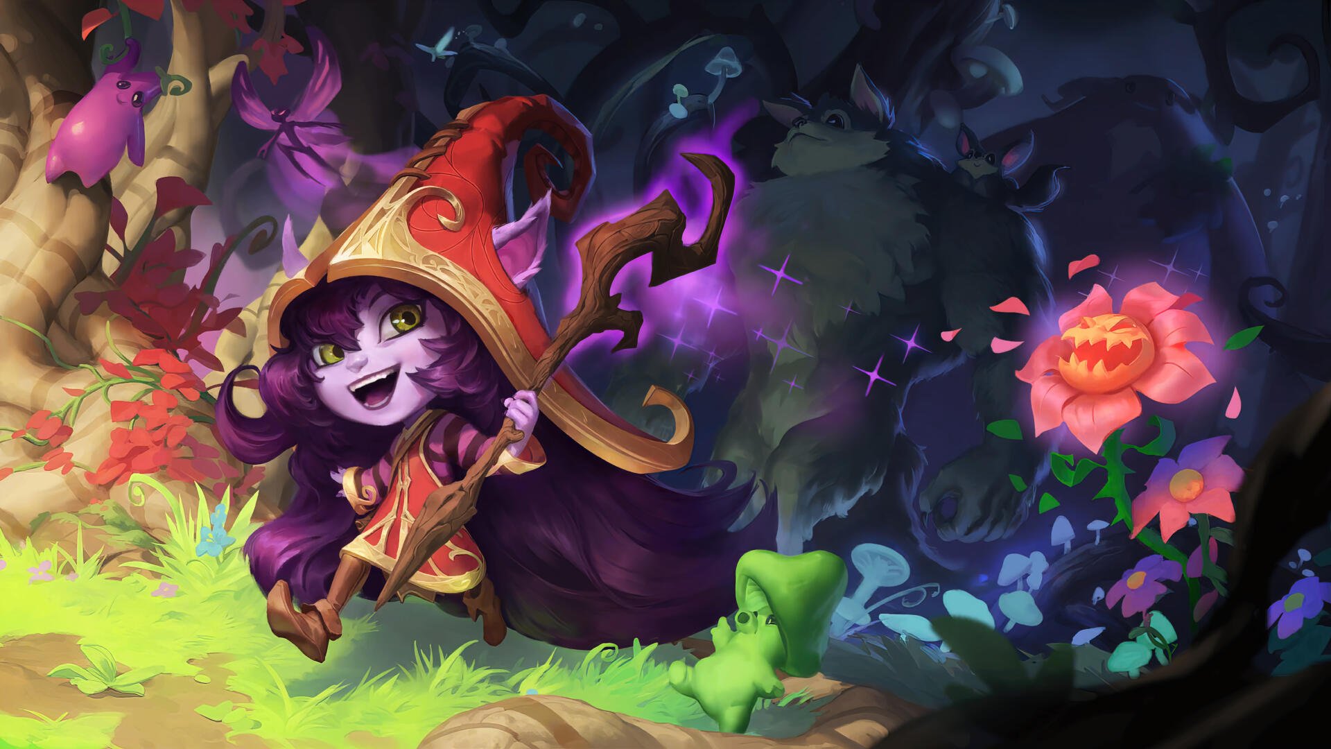 A vibrant 4K Ultra HD wallpaper featuring Lulu from League of Legends, surrounded by magical elements in a lush, enchanting landscape inspired by Legends of Runeterra.