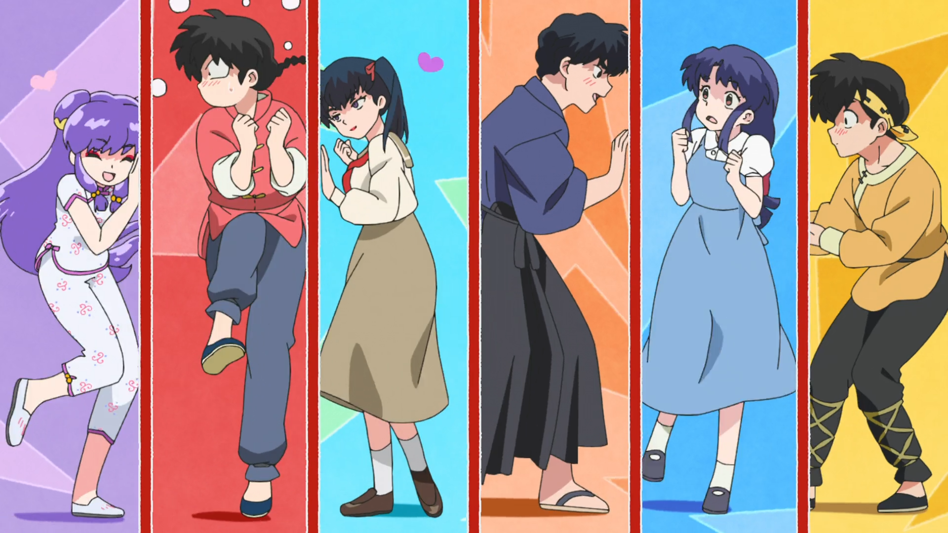 HD PC desktop wallpaper featuring colorful, vibrant characters from the anime Ranma ½, each posed dynamically against distinct, bright vertical panels.