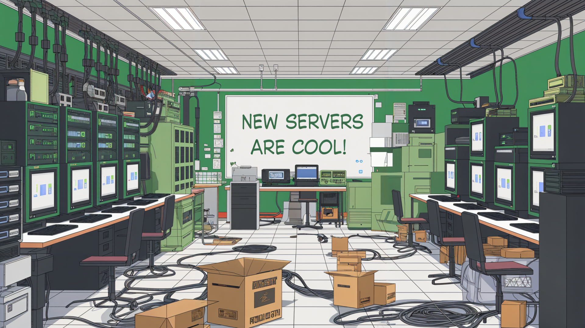 A vibrant server room featuring multiple computers and green walls, with a playful sign reading New Servers Are Cool! Among the setup are cardboard boxes and tangled cables, creating a dynamic tech scene.