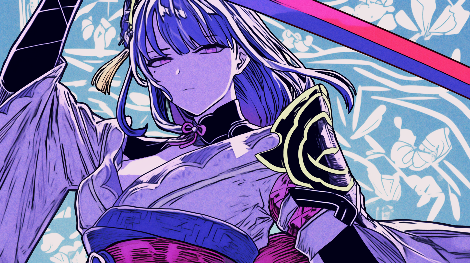 HD wallpaper featuring Baal Raiden Shogun from Genshin Impact, showcasing her striking design with a sword against a vibrant floral background.