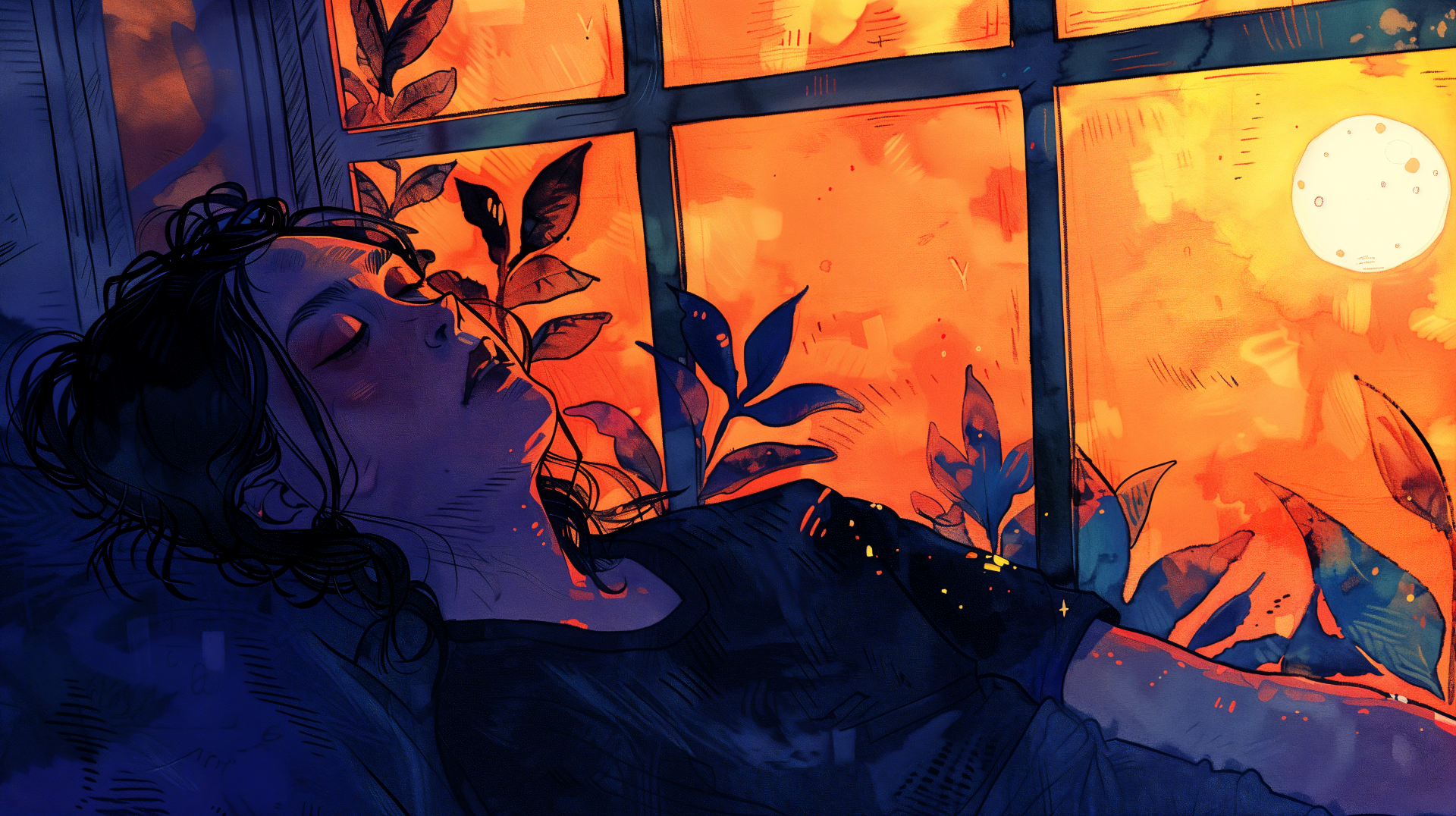 A serene woman relaxes by a window, bathed in warm sunset hues, surrounded by lush foliage, capturing the essence of chill lofi vibes in vibrant 4K Ultra HD detail.