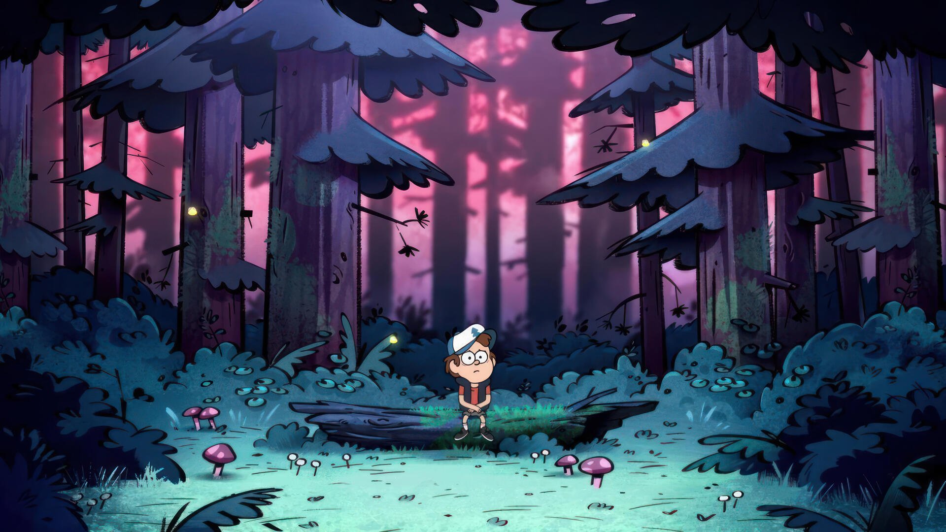 Dipper Pines stands in a mystical forest from the TV show Gravity Falls, surrounded by towering trees and glowing elements, captured in stunning 4K Ultra HD detail.
