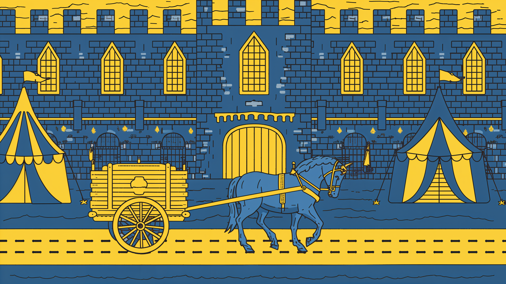 4K Ultra HD illustration of a medieval castle scene featuring a horse pulling a wooden cart along a cobblestone path with tents in the background.
