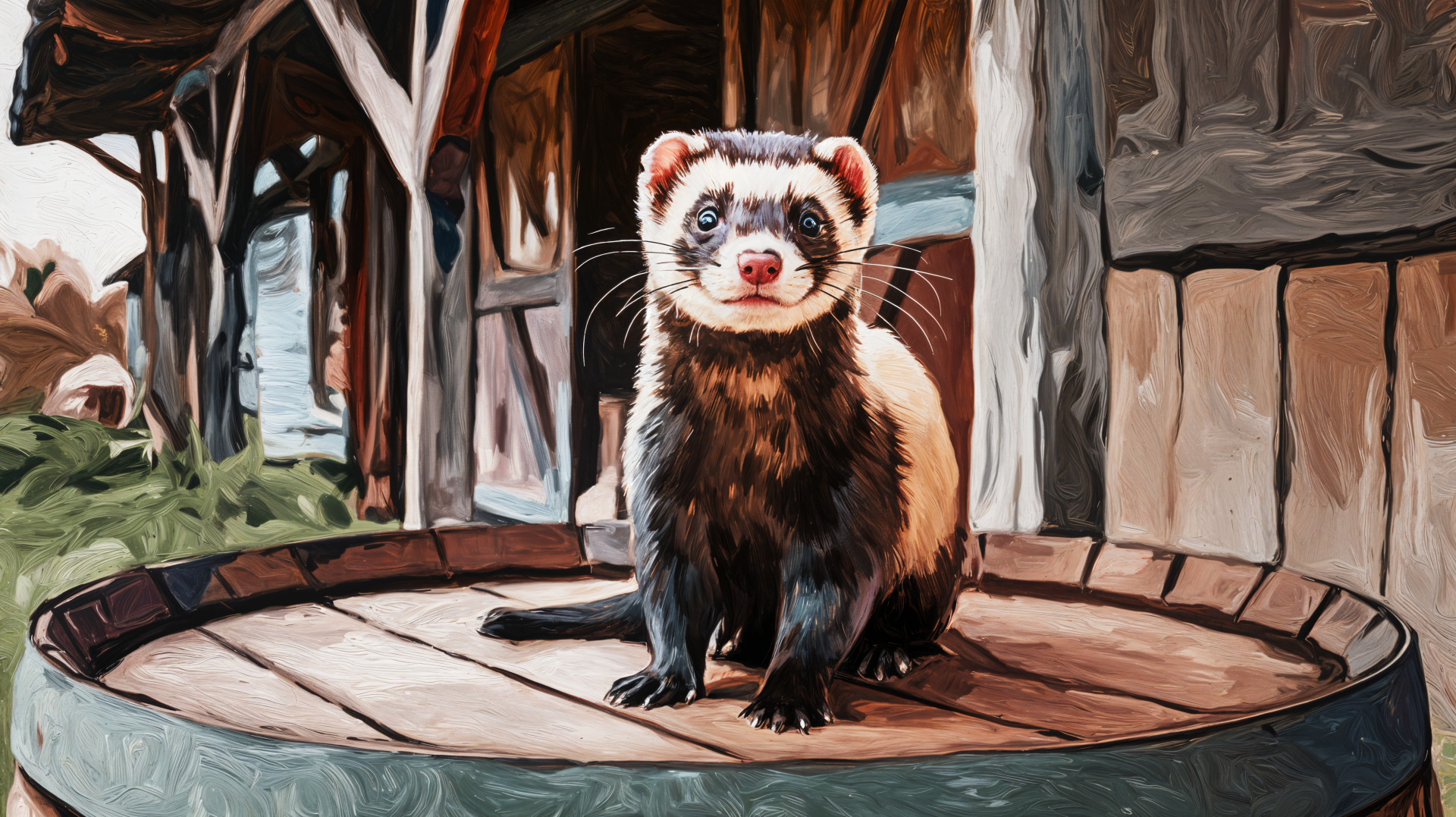 A charming ferret sits on a wooden surface, surrounded by a rustic backdrop, featured as a vibrant 4K Ultra HD PC desktop wallpaper and background.