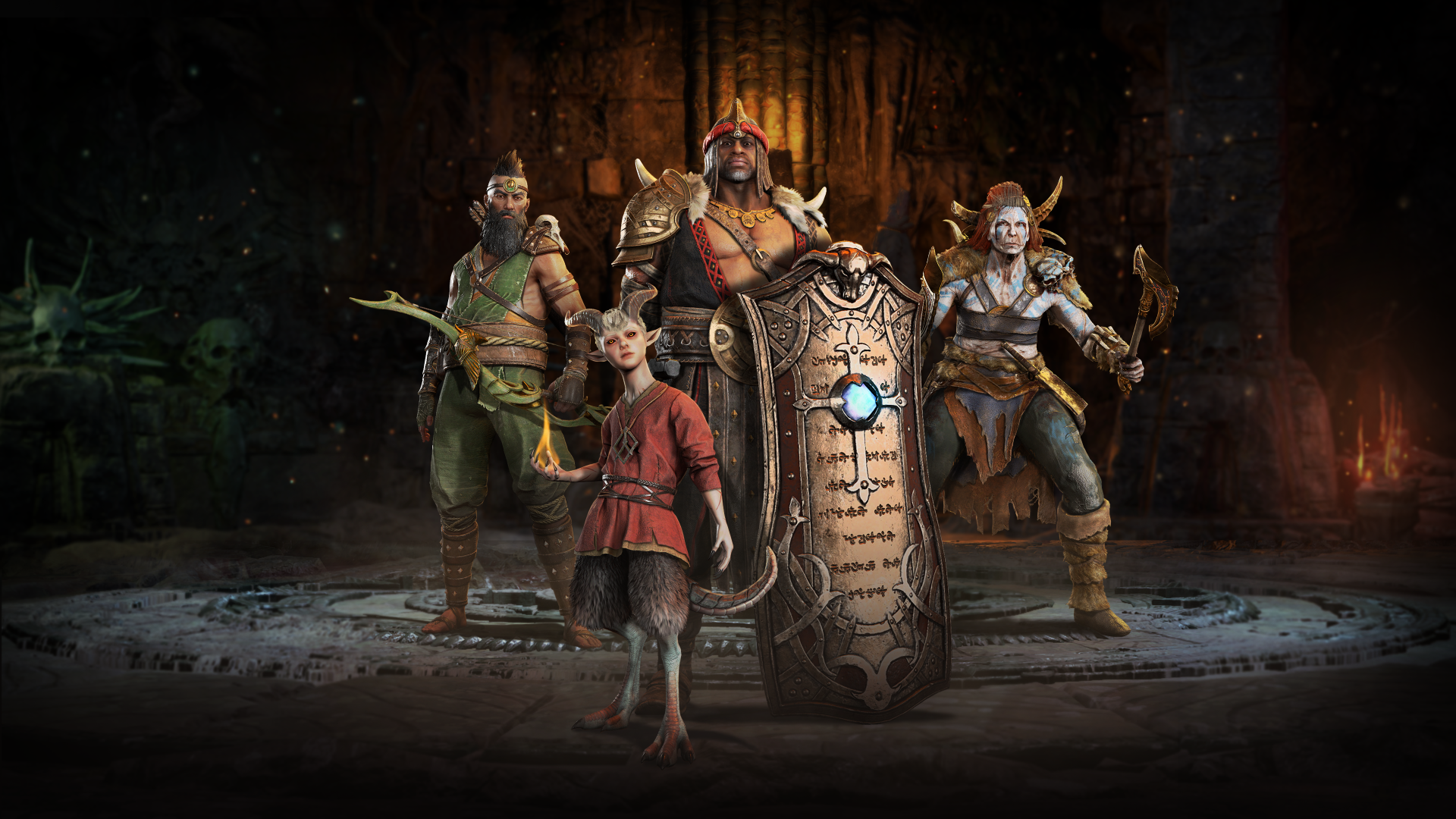 A striking 4K Ultra HD wallpaper featuring characters from Diablo IV, showcasing a diverse group of warriors ready for battle in a dark, immersive setting.