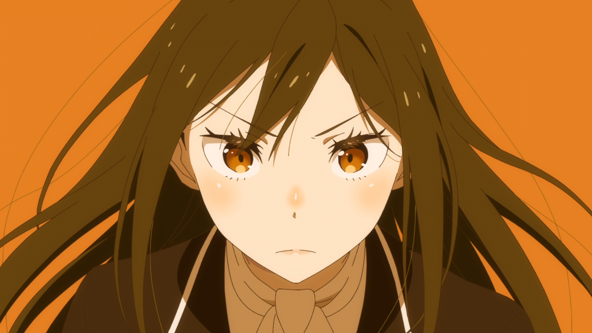 HD PC desktop wallpaper featuring Crusch Karsten from the anime Re:Zero - Starting Life in Another World with an intense expression and flowing brown hair.