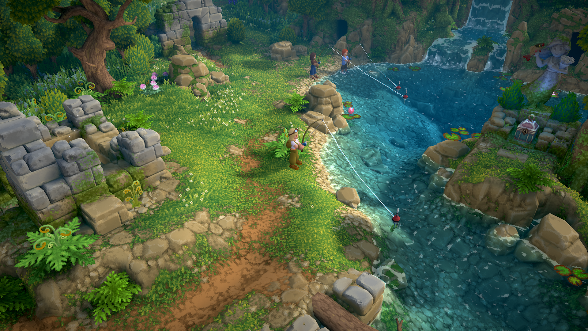 A vibrant HD wallpaper from the video game Luma Island, showcasing a lush landscape with greenery, rocks, and a serene waterway, inviting exploration and adventure.