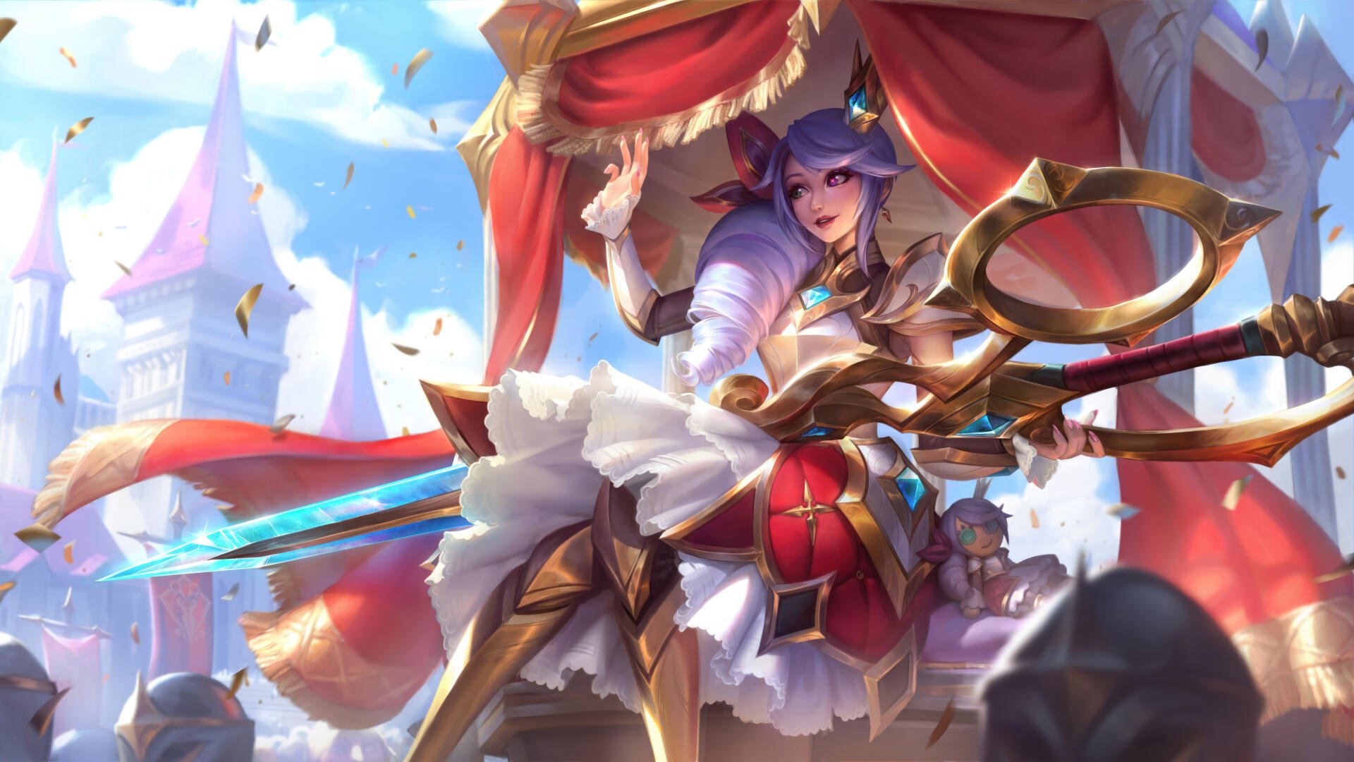 An 8K Ultra HD wallpaper featuring Gwen from League of Legends, showcasing her vibrant character design in a colorful, festive setting.