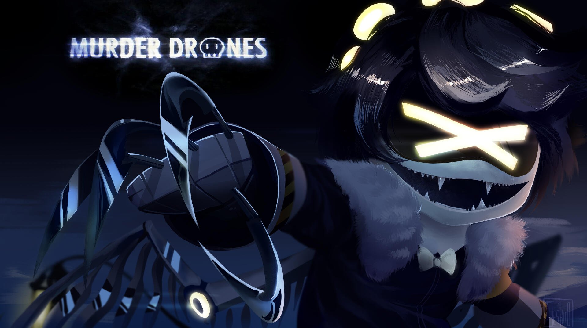 A stunning 4K Ultra HD wallpaper featuring Uzi Doorman from the TV show Murder Drones, showcasing dynamic character design and vibrant colors against a dark background.