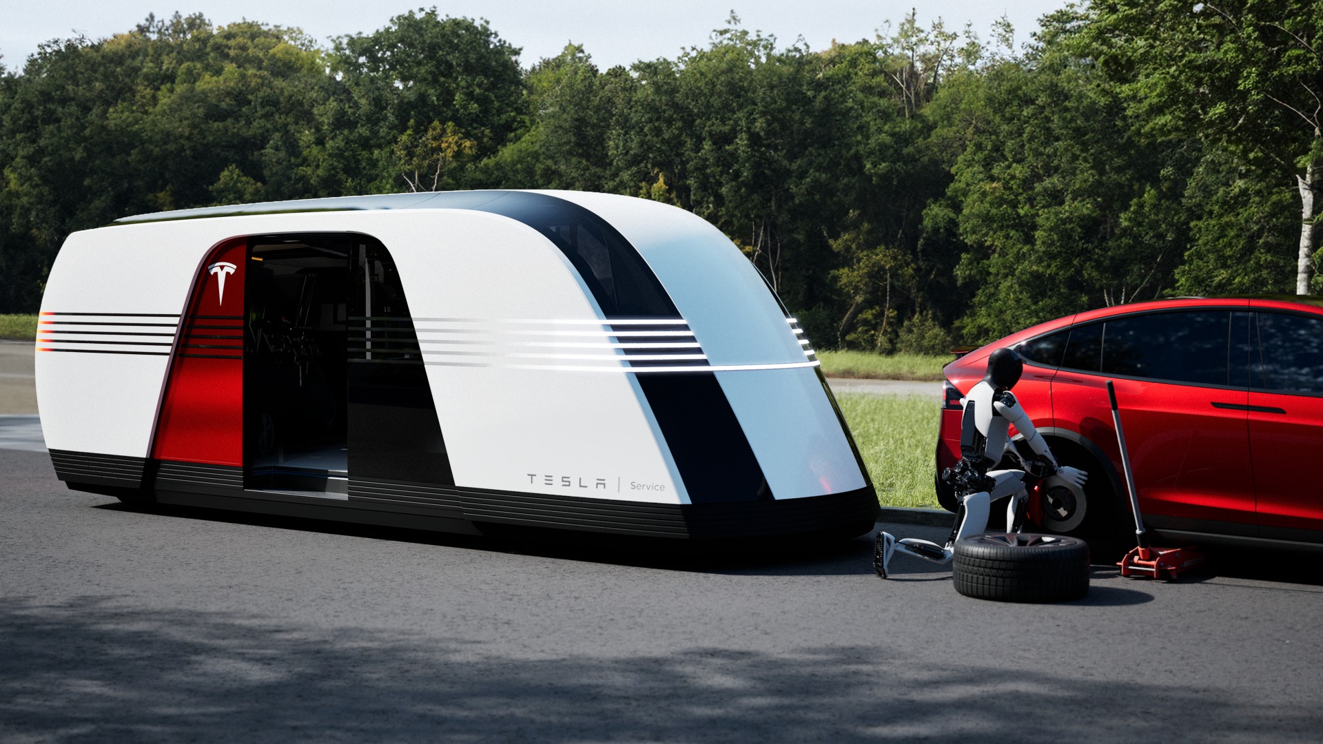 A sleek Tesla robovan is parked alongside a red Tesla vehicle, set against a lush green backdrop, showcasing innovative design in 4K Ultra HD. Perfect desktop wallpaper.