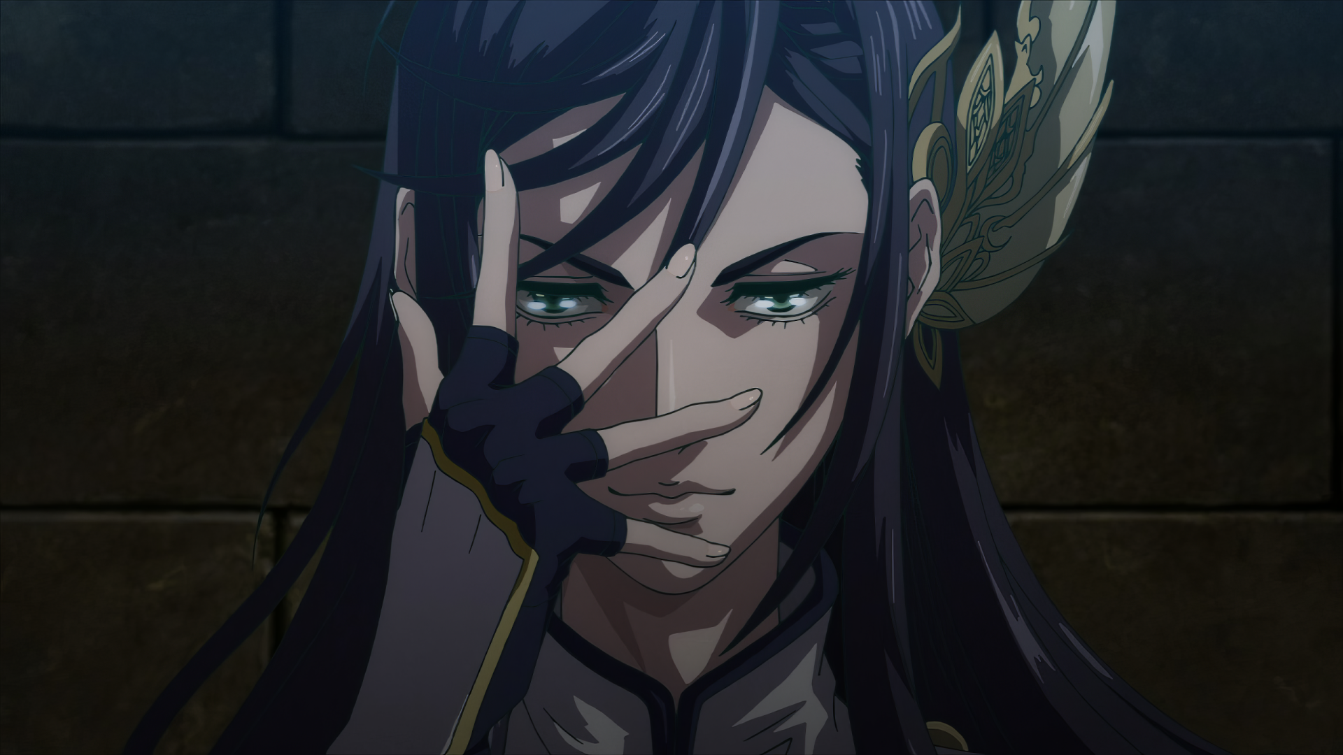 Anime-inspired scene from Record of Ragnarok, showcasing a character with long hair and striking green eyes, framed dramatically against a dark backdrop. HD desktop wallpaper and background.