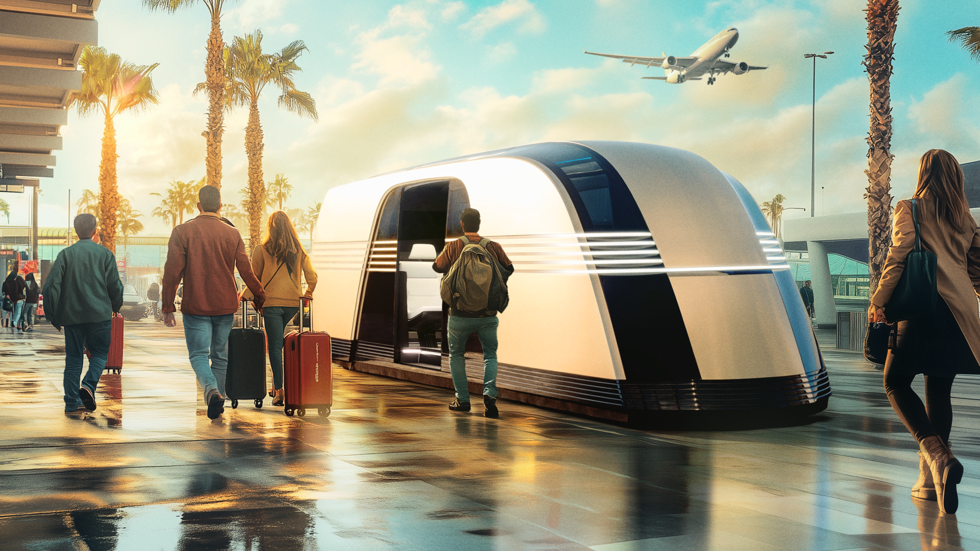 A sleek Tesla robovan stands at an airport, surrounded by travelers carrying luggage, with palm trees and an airplane in the background, all depicted in vibrant 4K Ultra HD detail.
