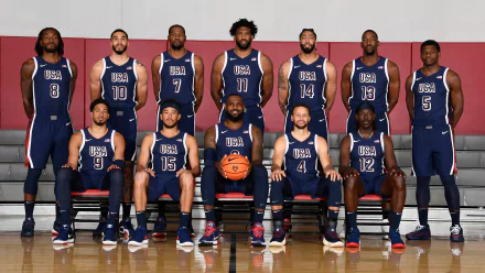 HD desktop wallpaper featuring basketball players Joel Embiid, Kevin Durant, and Anthony Davis of the USA.