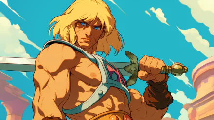 An HD desktop wallpaper featuring He-Man, showcasing the iconic character with his sword against a vibrant sky backdrop. A striking tribute to the beloved TV show.
