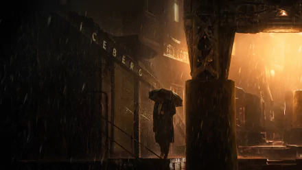 A dark, atmospheric 4K Ultra HD PC desktop wallpaper featuring The Penguin standing under an umbrella in a rainy, dimly lit urban alleyway.