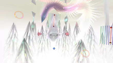 A vibrant HD desktop wallpaper for the video game Thrasher (2024), featuring abstract landscapes with ethereal colors and geometric shapes amidst a surreal, dreamlike atmosphere.