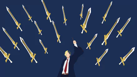 Anime-themed 4K Ultra HD desktop wallpaper featuring Rayne Ames from Mashle: Magic and Muscles, surrounded by floating golden swords against a dark blue background.