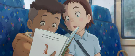 Anime-inspired HD wallpaper featuring two children captivated by a storybook, from The Imaginary (2023) by Studio Ponoc. A vibrant scene capturing wonder and imagination.