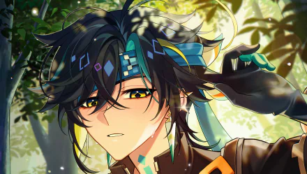 HD wallpaper featuring Kinich from Genshin Impact, set against a vibrant, nature-inspired background, showcasing the character's dynamic look and personality.