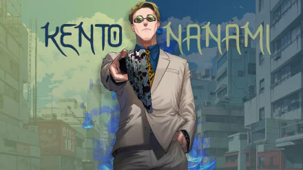HD anime wallpaper featuring Kento Nanami from Jujutsu Kaisen, dressed in a suit with a cityscape background and stylized text of his name.