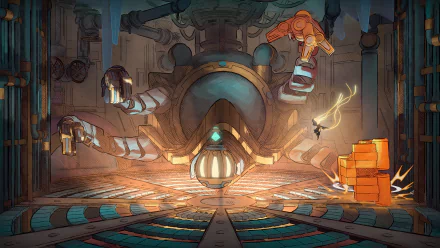 A vibrant HD desktop wallpaper from the video game Mio: Memories in Orbit, featuring a mechanical entity in a stylized environment, showcasing intricate details and dynamic lighting.