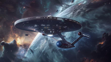 A stunning HD wallpaper featuring a sleek spacecraft navigating through vibrant cosmic scenery, embodying the essence of sci-fi and adventure in space.