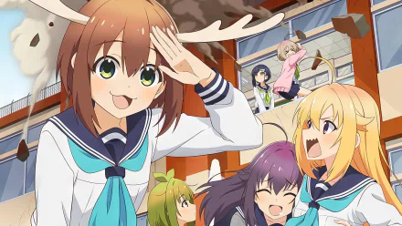 HD wallpaper featuring characters from My Deer Friend Nokotan, including Noko Shikanoko and Anko Koshi, showcasing vibrant anime art and charming character design.