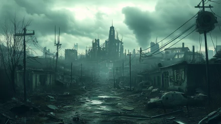 A stunning HD desktop wallpaper featuring a post-apocalyptic scene from the Fallout video game, capturing the desolate beauty of a world rebuilt after catastrophe.