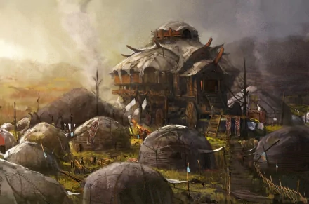 HD PC desktop wallpaper featuring a detailed village scene from the video game Age of Conan: Rise of the Godslayer.