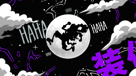 An 8K Ultra HD anime wallpaper featuring Monkey D. Luffy in Gear 5 from One Piece, silhouetted against a bright full moon with HAHA text and dynamic comic-style elements.