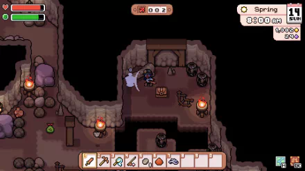 An HD desktop wallpaper from the video game Fields of Mistria, featuring a character exploring a dark cave filled with treasures, lanterns, and eerie creatures. 